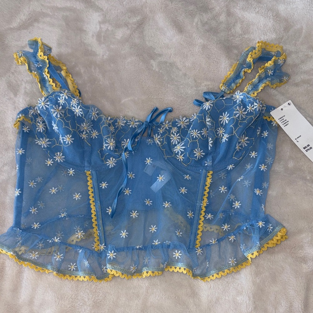 Urban Outfitters Blue Sheer Floral Corset Top with Yellow Trim